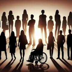 Dark silhouette of people with on person handicapped in wheelchair. Diversity, unity, inclusion and equality concept illustration - 782937820