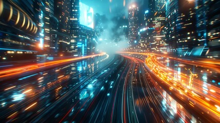 In this 3D rendering we see a warp speed in a hyper loop with blurred light from buildings at night in a megacity. This is a concept of next generation technology, fintech, big data, 5G fast network, - obrazy, fototapety, plakaty