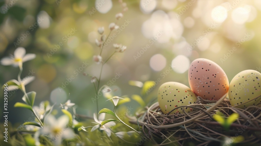 Poster three eggs in a nest with flowers in the background. suitable for easter or spring-themed designs