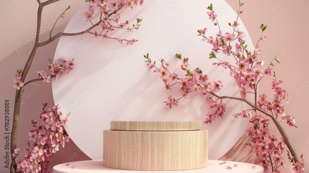 Aufkleber three-dimensional rendering of a natural beauty podium backdrop that is adorned with spring flowers.