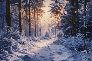 Fototapeta premium A picturesque snowy path in a serene winter forest. Ideal for winter holiday concepts
