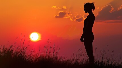 silhouette of woman at sunset , Standing posture