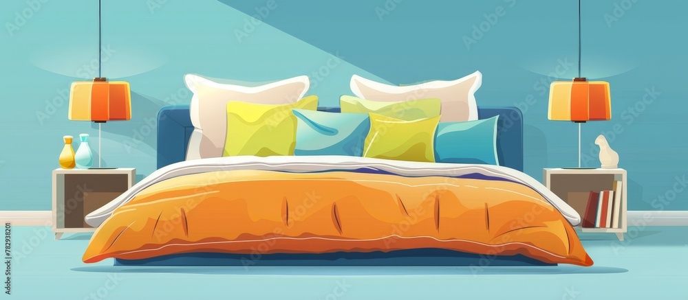 Canvas Prints Bed depicted in a cartoon style featuring pillows and a nightstand beside it