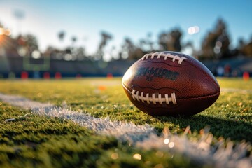 American football sport equipment background banner - Closeup of football on gridiron in stadium | Generative AI. Beautiful simple AI generated image in 4K, unique.