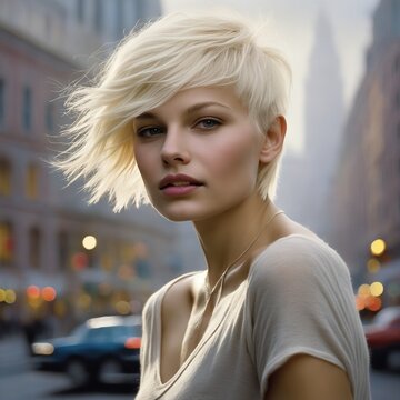 AI generated illustration of a Blonde woman standing on a city street at dusk