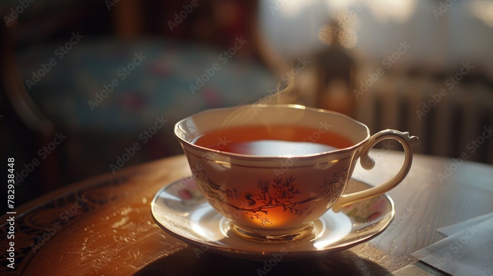 Poster a simple cup of tea on a saucer, perfect for various design projects