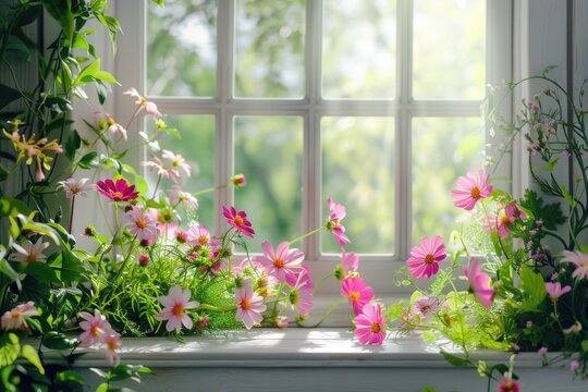 A window sill overflowing with colorful flowers. Perfect for home decor ideas