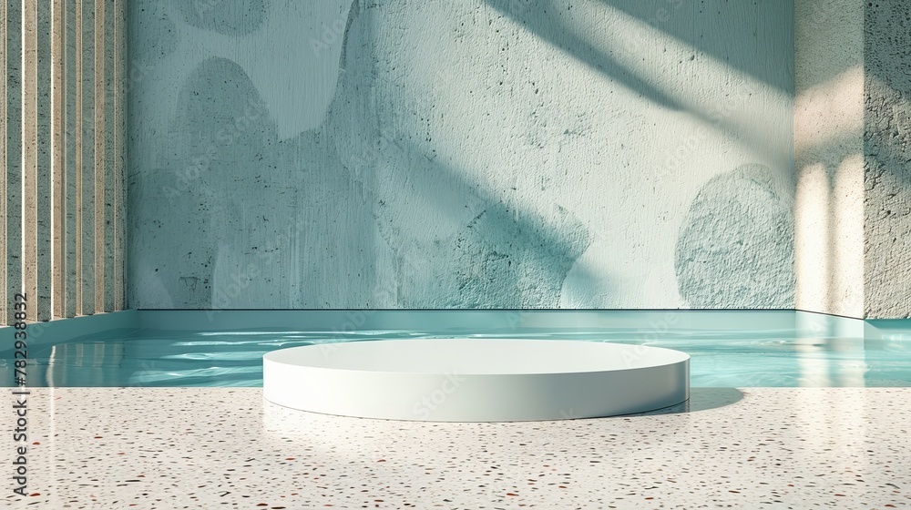 Aufkleber Three-dimensional rendering of a cylinder podium with terrazzo floor and a pool background.