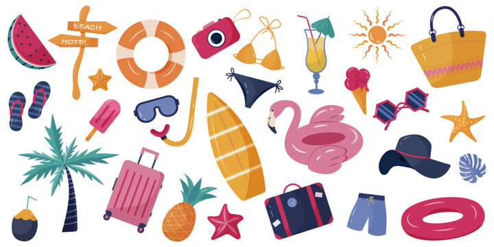 Big collection of summer beach elements, luggage and travel accessories with swimming suits, flamingo cocktails and watermelons. Flat vector illustration set on white background. Hand drawn 