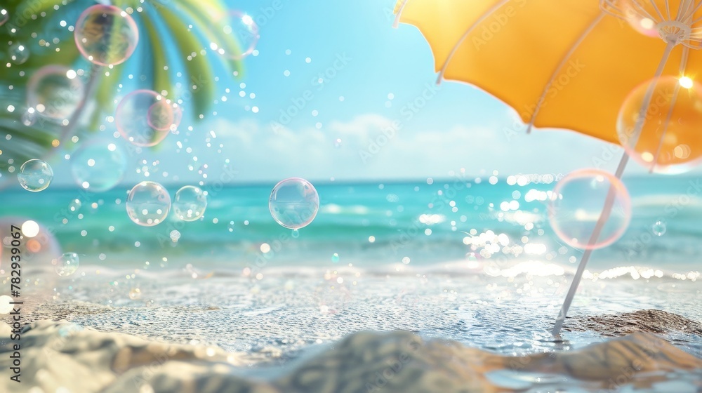Poster 3d render of summer beach scene with bubbles and beach umbrella.