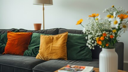 a cozy, stylish living room with a minimalist and modern theme. here are the details: the room features a white wall. a dark grey sofa with green and orange cushions. above the sofa.