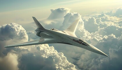 Digital illustration Futuristic aircraft speeds through clouds with streamlined design, highlighting sleek curves & aerodynamics for efficiency