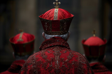 AI-generated illustration of the bishops in a dark setting wearing red capes