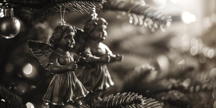 Black and white photo of angels on a Christmas tree. Perfect for holiday decorations