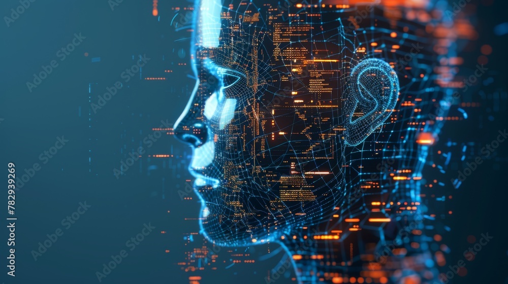 Poster An artificial intelligence head with programming scripts is depicted in this concept of machine learning or innovation technology