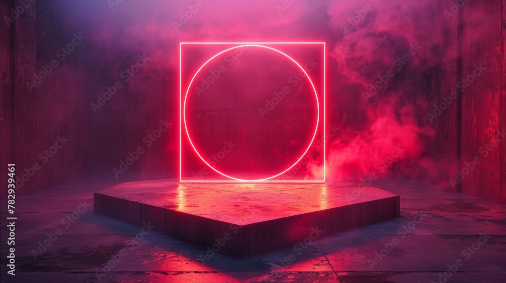 Poster this is a red neon light square shape of product display with a circle light background. futuristic 
