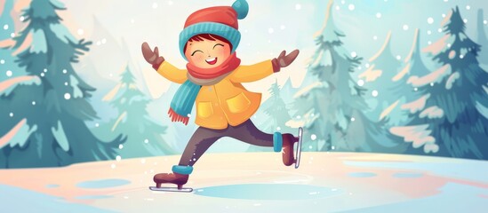 Adorable young boy in winter attire and protective gear enjoying ice skating in the forest