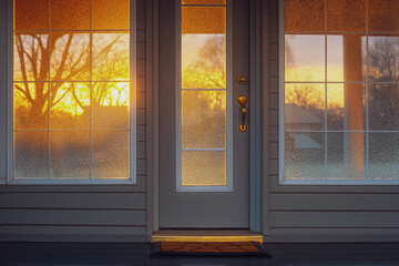 AI generated illustration of sunset shining through a dusty door and windows