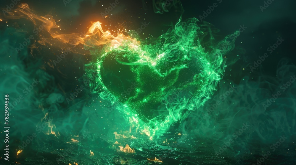 Poster a unique green fire heart floating in the vast ocean. perfect for creative projects and designs