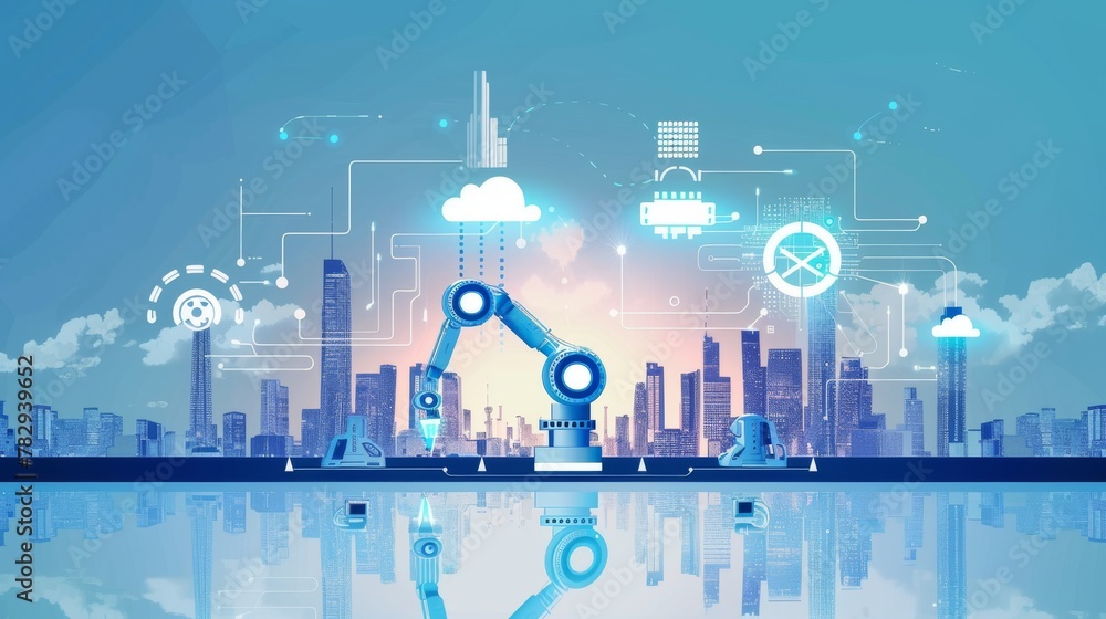 Poster a concept of the future city with robotic arms and cloud computing, a futuristic city and a concept 