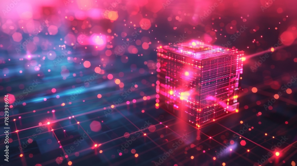 Poster A futuristic concept with an abstract background and cube. 3D illustration. Technology shape with lines and dots.