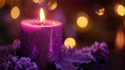 A purple candle sitting on a table, suitable for home decor