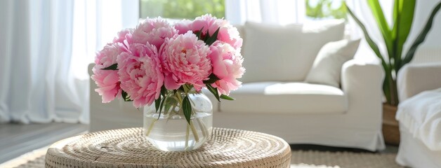 pink peonies adorning a vase atop a round woven podium, set within the serene ambiance of a white room accented by a cozy sofa and light carpet, bathed in bright, airy natural light.