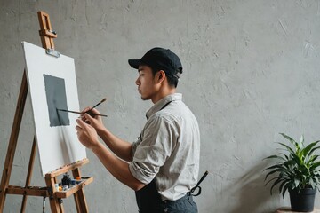 portrait of painter, photo of employee at the workplace