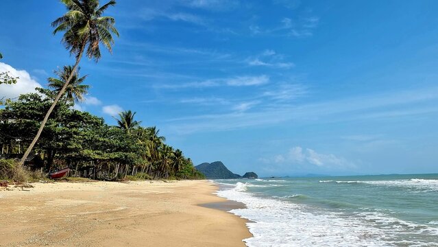 Beautiful tropical sandy beach with palm trees and splashing waves