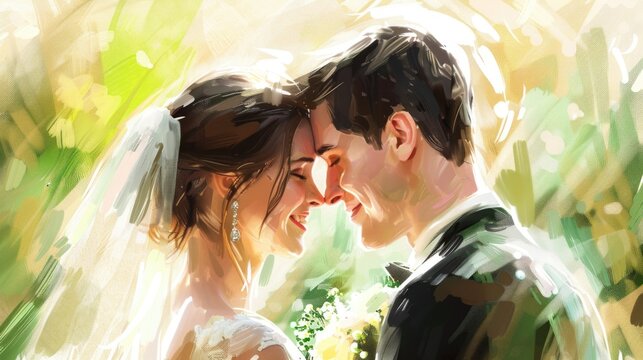 A romantic painting of a bride and groom looking at each other. Suitable for wedding invitations