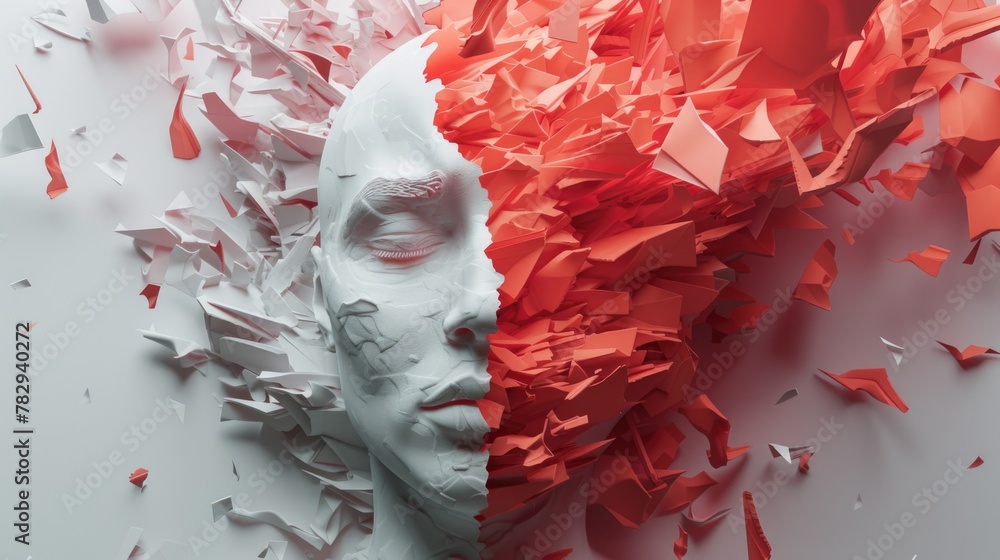 Poster A man's face surrounded by pieces of paper. Ideal for business and creativity concepts