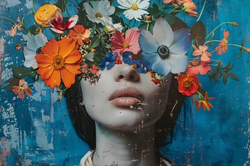 Floral Mystery: Artistic Portrait of Woman with Flowers Covering Eyes