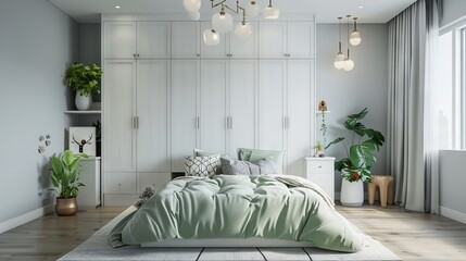 A modern and minimalist style bedroom, white cabinet door with light green pastel color bed linen, children's illustration design on the head of the soft sofa.
