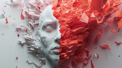 A man's face surrounded by pieces of paper. Ideal for business and creativity concepts