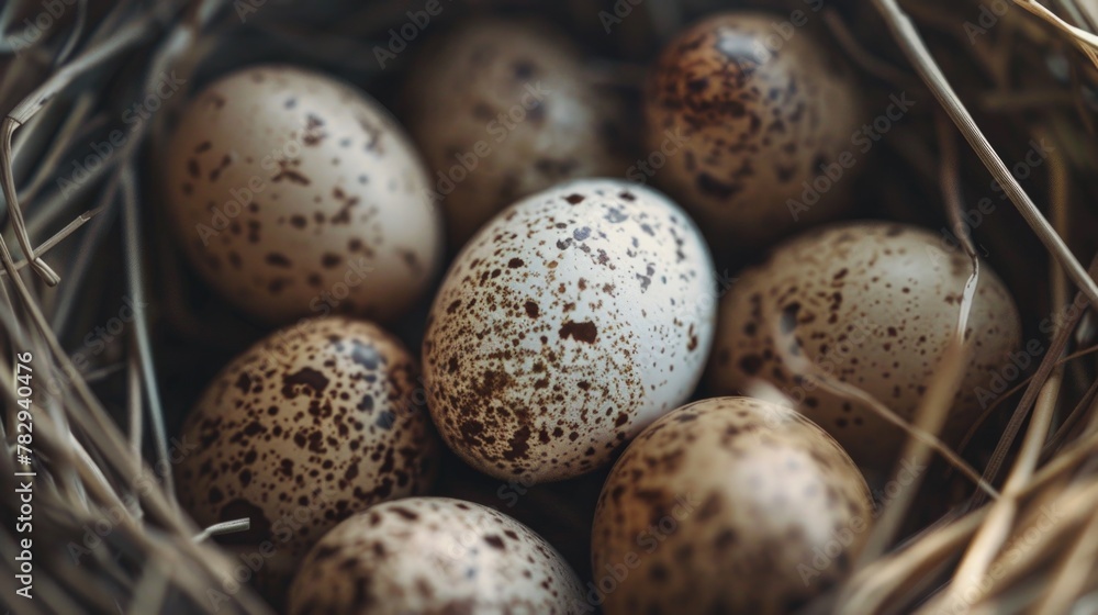 Poster Close up of a bunch of eggs in a nest. Suitable for various concepts