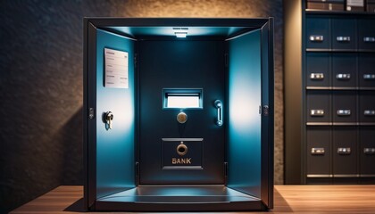 An open safe with a glowing digital interface, situated in a secure file room, represents modern security and data protection.. AI Generation. AI Generation - obrazy, fototapety, plakaty