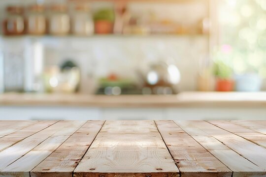 Wooden table mockup on kitchen blurred background for product display.