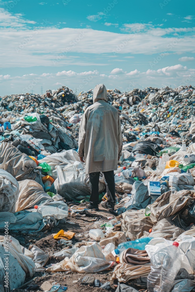 Poster a person standing in a large pile of garbage. suitable for environmental themes