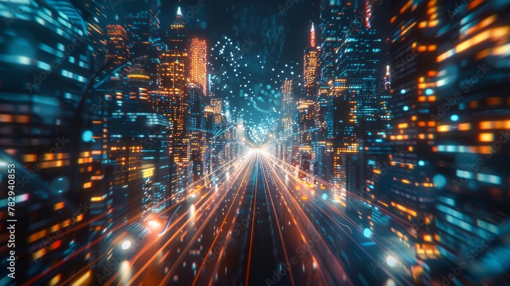 Aufkleber This 3D rendering shows warp speed in hyperloop, blurr light from building lights in a megacity at night. Concept for next generation technology, fintech, big data, 5G fast network, machine learning,