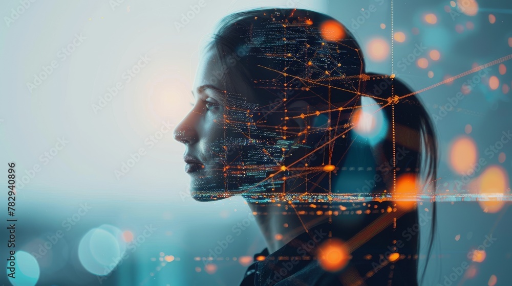 Aufkleber Business woman confronts Big Data concept. Digital neural network. Introduction to artificial intelligence. Future cyberspace. Science and innovation.