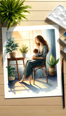 Watercolor painting of a mother cradling her child in a serene, sunlit room, with houseplants around, evoking warmth and maternal love.
