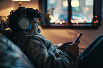a man sits on the couch and listens to music - obrazy, fototapety, plakaty
