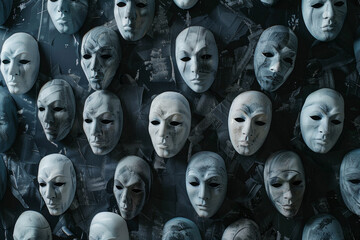 A collection of emotionless white masks on a black wall - obrazy, fototapety, plakaty