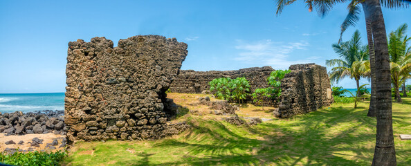 Ruins of a XV century frortress on a beach in São Tomé, São Tomé and Principe (STP), Central...