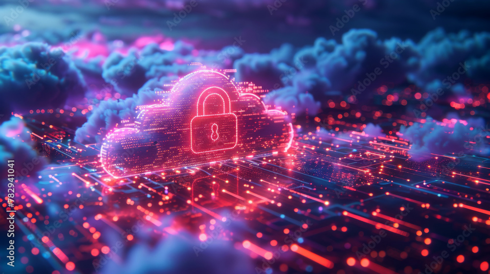Poster cyber internet cloud security or data storage of network protection with padlock sign light, futuris