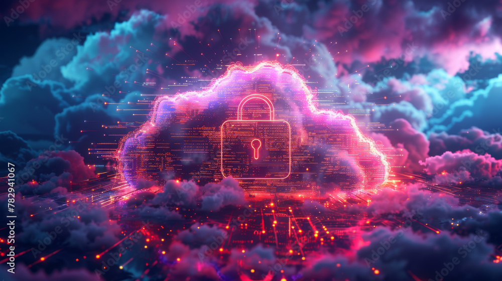 Poster cyber internet cloud security or data storage of network protection with padlock sign light, futuris