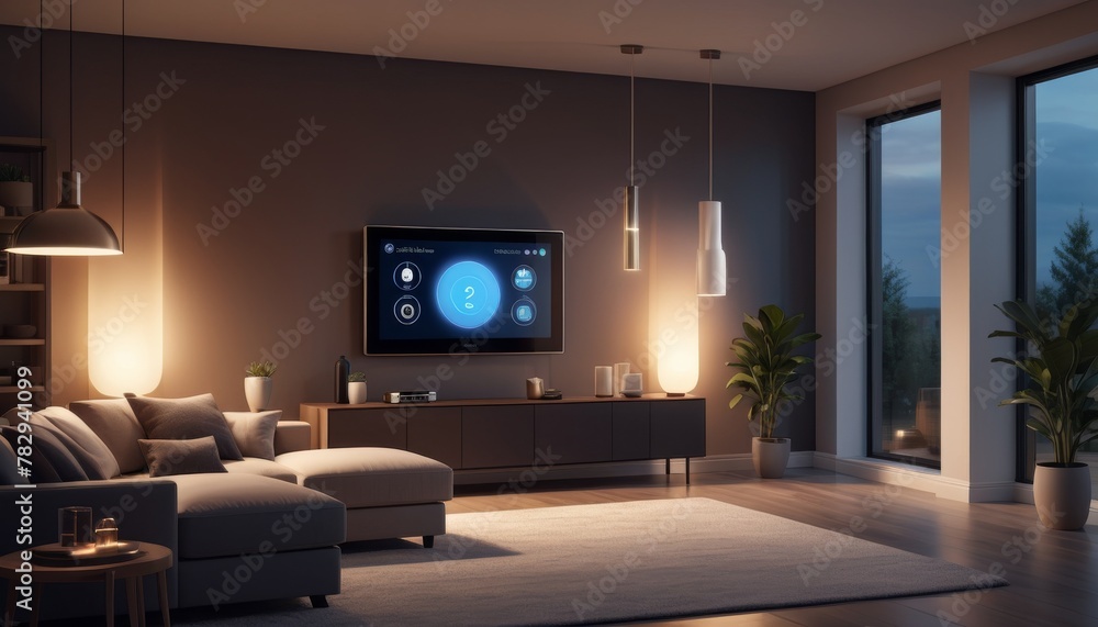 Poster Cozy evening at home with an advanced smart home entertainment system displaying a user interface, offering modern comfort and technology.. AI Generation. AI Generation