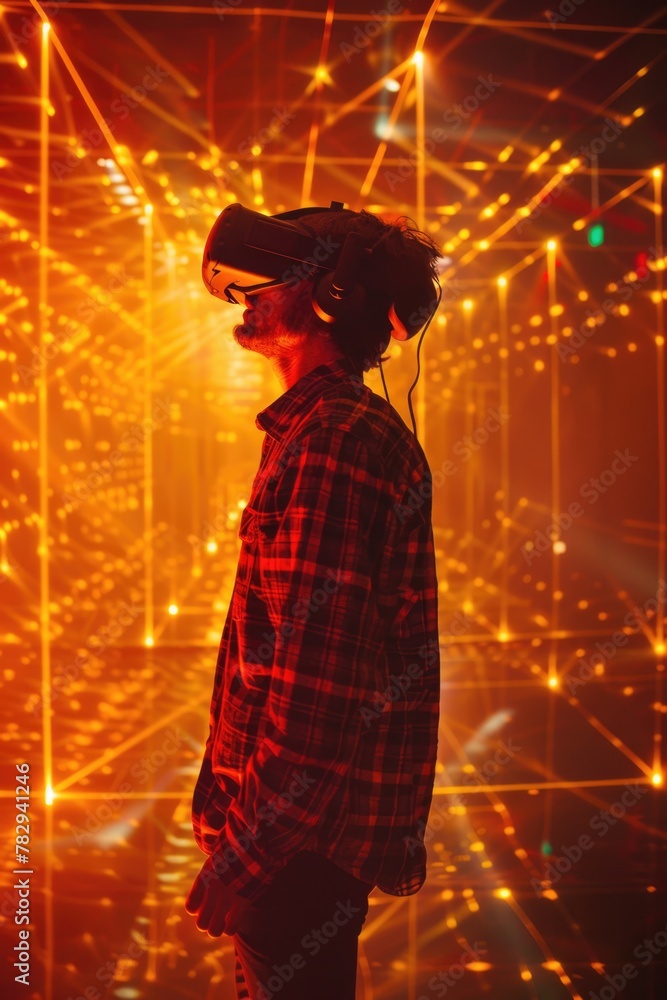 Poster a man wearing a virtual reality headset standing in front of a wall of lights. ideal for technology 