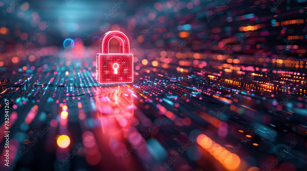 Poster cyber internet cloud security or data storage of network protection with padlock sign light, futuris