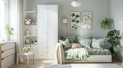 Fototapeta na wymiar A modern and minimalist style bedroom, white cabinet door with light green pastel color bed linen, children's illustration design on the head of the soft sofa.